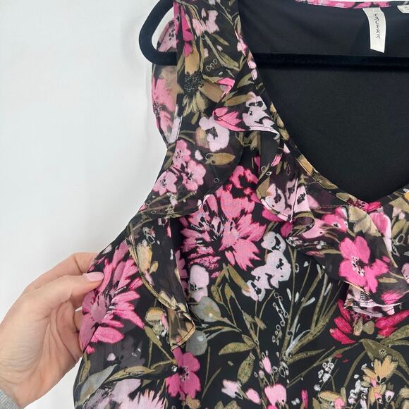 Tacera XL Black Pink Floral Ruffle Shift Dress Sleeveless Wedding Guest Feminine - Picture 4 of 12